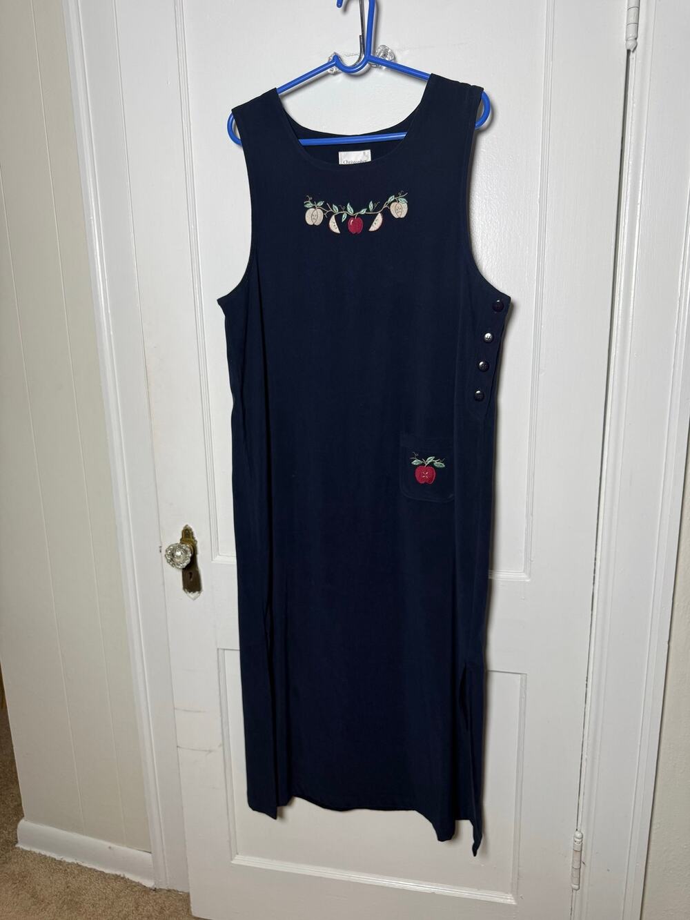 VTG 90s Christopher & Banks Navy Embroidered Fruit Jumper Maxi Dress Teacher 12
